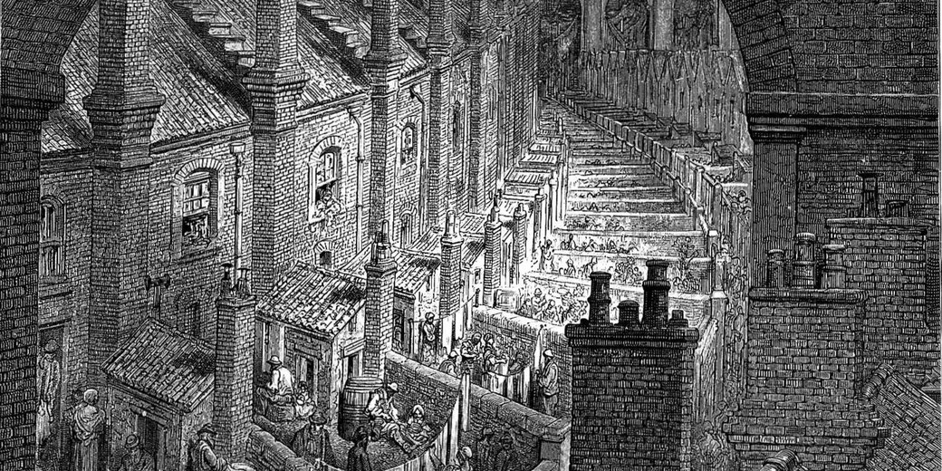 Black-and-white engraving of crowded Victorian London housing beneath railway arches, showing chimneys, narrow alleys, and dense urban poverty.