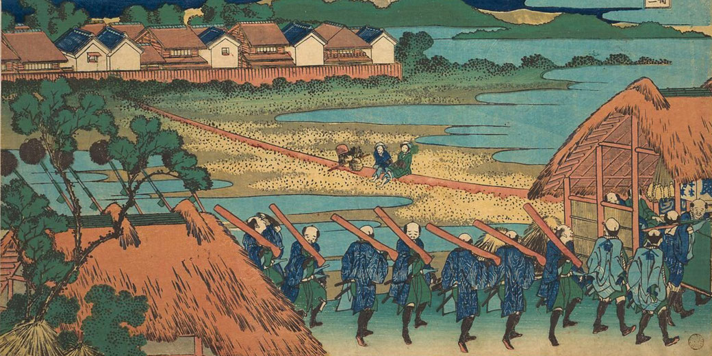 A traditional Japanese ukiyo-e print depicts a procession of samurai carrying weapons, passing thatched-roof huts.