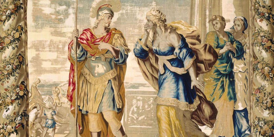 Aeneas bidding farewell to Dido, who appears distraught, while attendants observe. In the background, ships prepare for departure, symbolizing his fateful journey from Carthage.