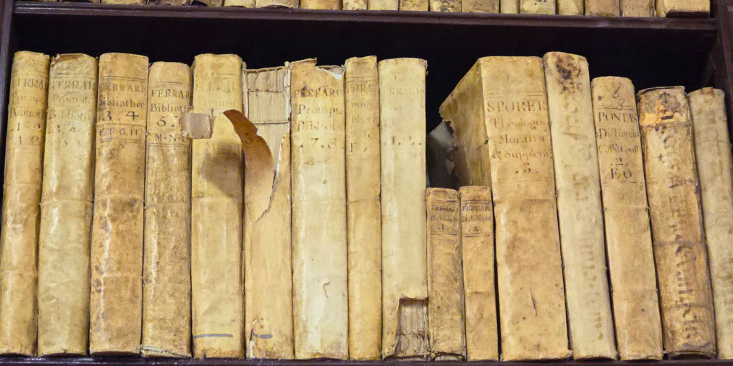 A bookshelf filled with old, worn medieval books bound in aged parchment, with faded inscriptions on the spines, evoking the atmosphere of an ancient library or monastery archive.
