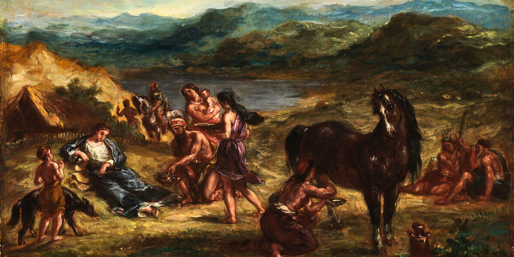 Delacroix portrays the exiled poet Ovid receiving sustenance from Scythians in a barren landscape, highlighting themes of isolation and cultural encounter.