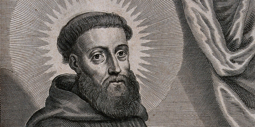 Engraved portrait of a bearded monk with a halo, wearing a hooded robe and gazing forward against a patterned background.