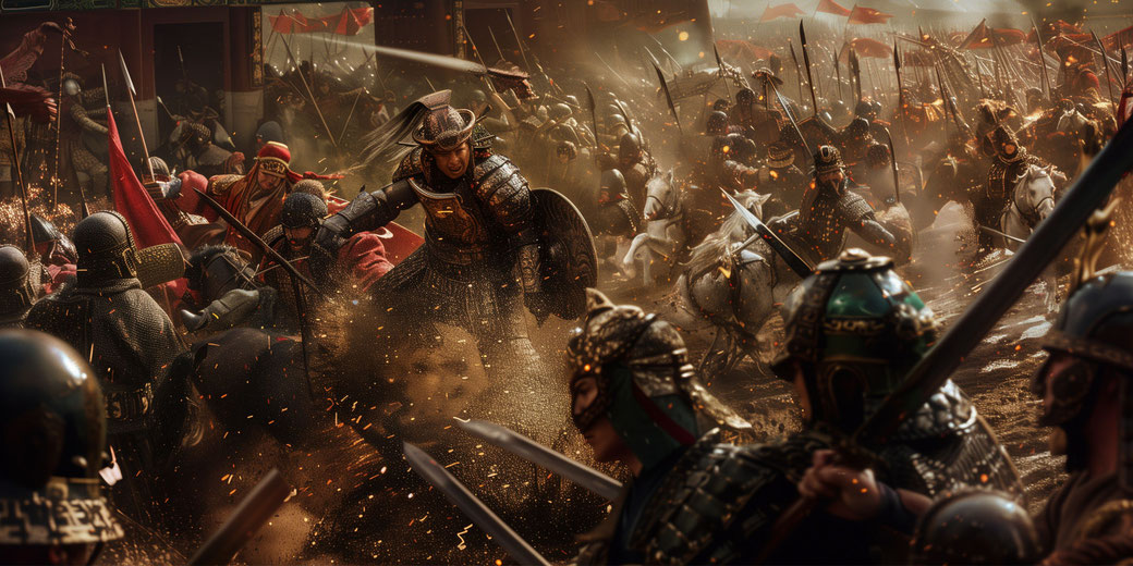 An intense battle scene inspired by the Battle of Red Cliffs. Armored warriors clash with swords and spears amid flying sparks, banners, and charging cavalry in a chaotic battlefield.