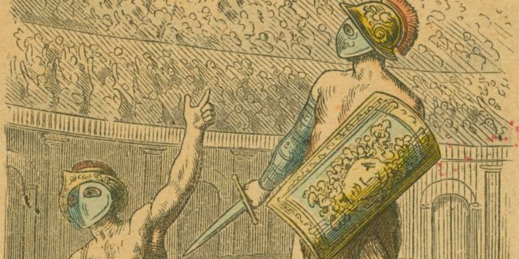 An old illustration of two Roman gladiators in an arena. One, defeated, raises a hand pleading for mercy, while the other stands with a sword and shield as a cheering crowd watches.