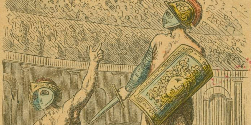 An old illustration of two Roman gladiators in an arena. One, defeated, raises a hand pleading for mercy, while the other stands with a sword and shield as a cheering crowd watches.