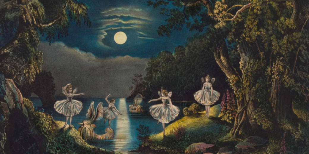 A moonlit forest scene with fairy-like ballerinas dancing near a glowing lake. Ethereal figures emerge from the water, and a boat approaches in the distance.