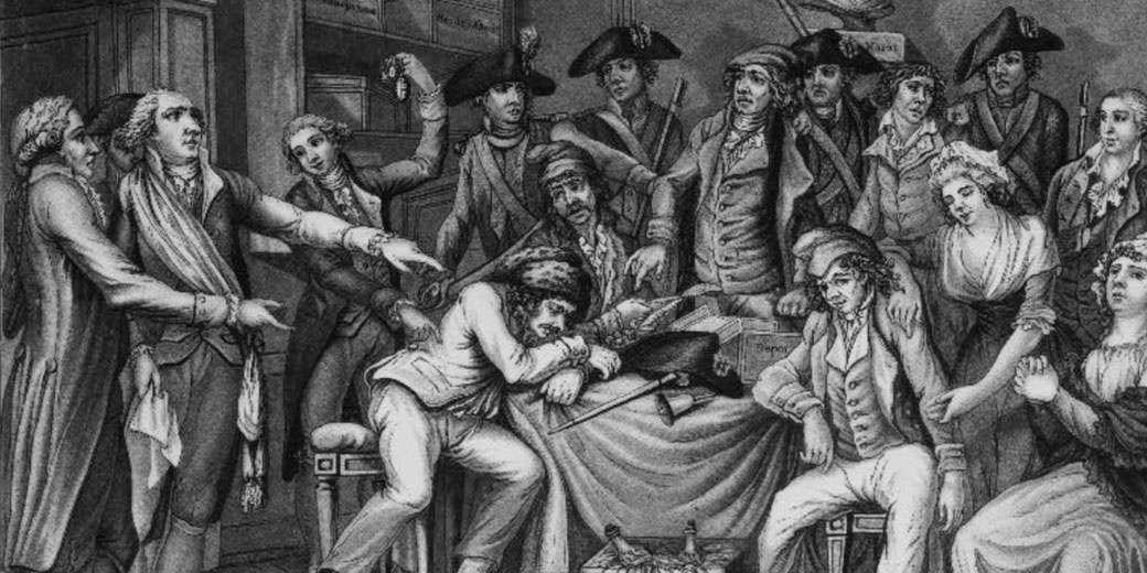 Black and white engraving of a chaotic scene with men in 18th century clothing arguing, some armed, surrounding distressed figures in an indoor setting.