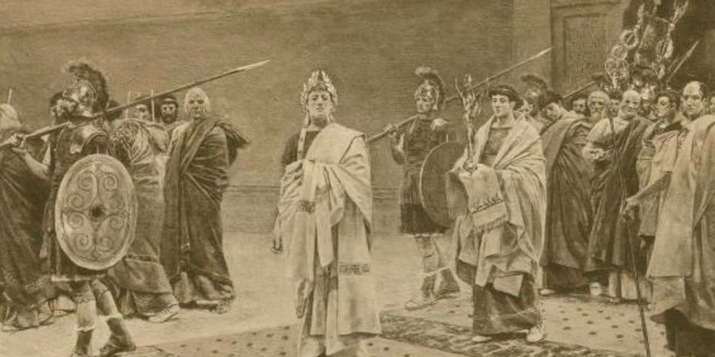 Sepia-toned historical scene with a crowned central figure in draped robes, flanked by armed soldiers and attendants holding spears and shields, arranged in a formal procession with theatrical staging.