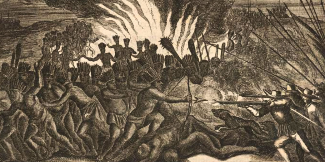 Historical engraving depicts a battle between Indigenous warriors and European soldiers, likely from the early colonial period. The Natives wield bows and clubs, while the Europeans fire muskets.