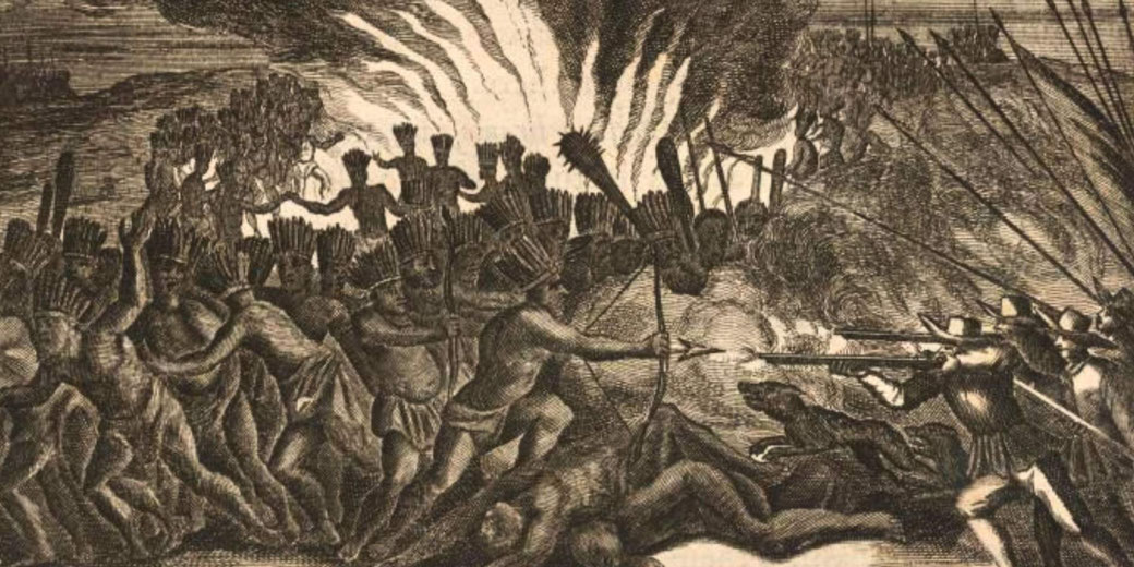 Historical engraving depicts a battle between Indigenous warriors and European soldiers, likely from the early colonial period. The Natives wield bows and clubs, while the Europeans fire muskets.
