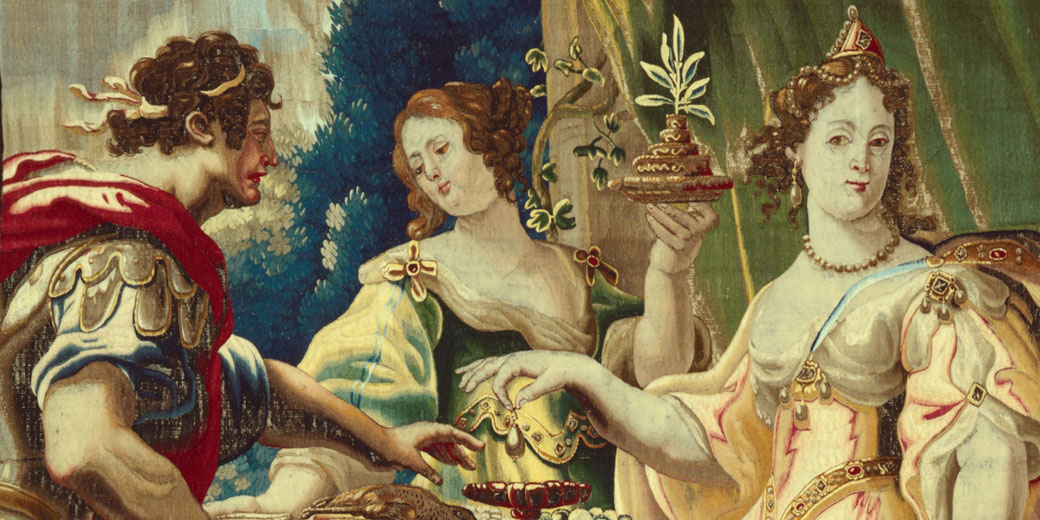 Tapestry depicting Cleopatra dissolving a pearl in vinegar to impress Antony, based on Pliny's account.