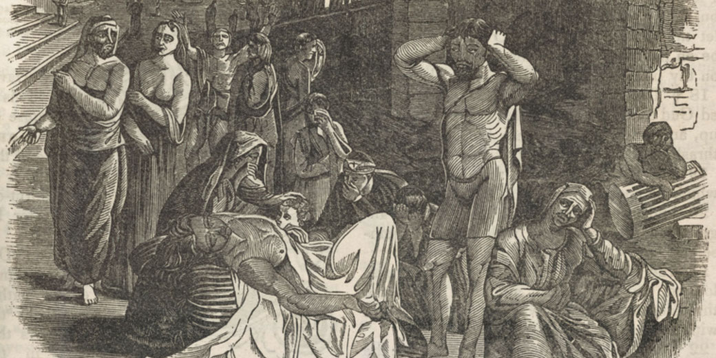 People suffering from the Plague, showing individuals in distress, some collapsing while others appear to mourn or are overwhelmed by the horrific scene around them.