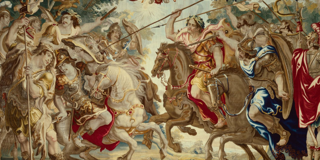 Tapestry depicting Caesar on horseback commanding Roman forces against Pompey's troops amid dynamic battle scenes.