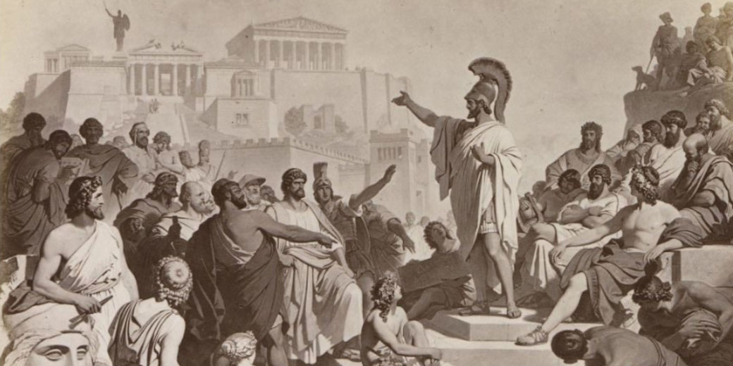 Pericles stands addressing a crowd in Athens, gesturing with his right hand, with the Acropolis visible in the background.
