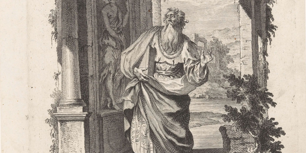 An engraving of Lycurgus, the legendary Spartan lawgiver. He stands in a classical setting, holding a scroll.