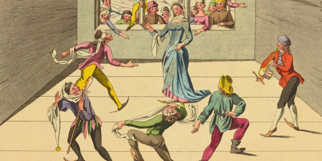 A colorful historical illustration depicts a lively medieval dance scene with masked performers, a woman in a flowing blue dress, and a musician playing a wind instrument, while onlookers watch through a window.