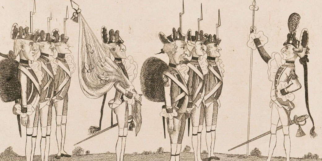 Vintage illustration of uniformed soldiers marching with rifles, plumed hats, and ceremonial flags in a historical military scene.
