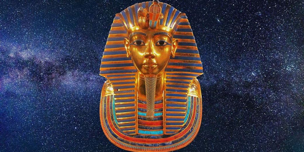 The golden mask of Tutankhamun set against a starry sky. The contrast highlights the pharaoh’s legacy, evoking themes of eternity, divine rule, and the afterlife in ancient Egypt.