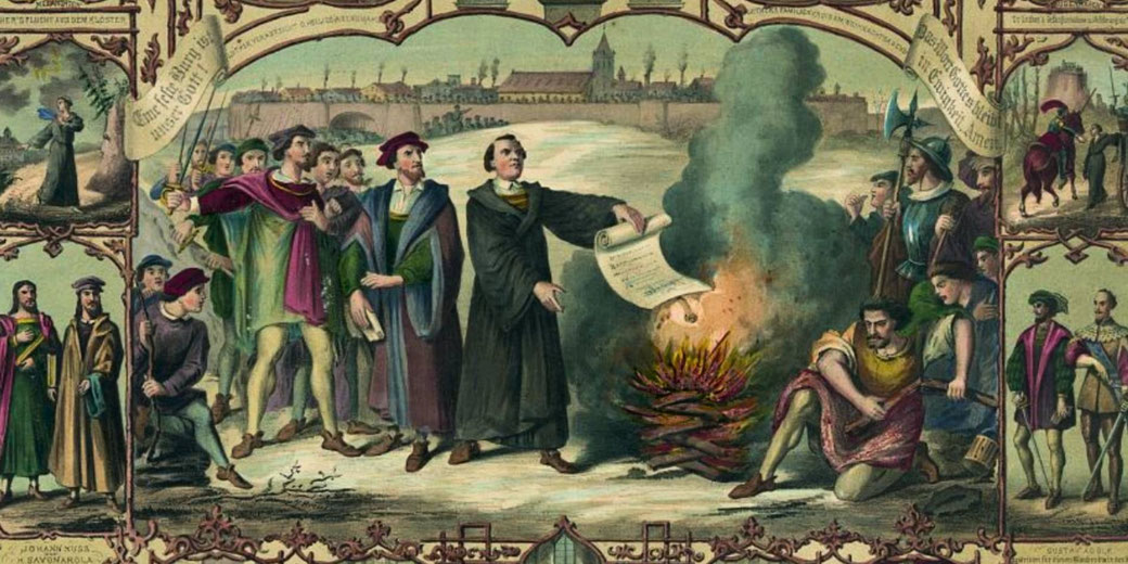 Historical illustration of a central figure burning a document before a crowd, with soldiers and townspeople observing, set against a city backdrop and framed by decorative panels.