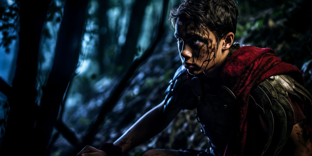 A young warrior in a dark forest, his face smeared with dirt and blood. Wearing a red cloak and metal armor, he crouches in the shadows, alert and prepared for battle.