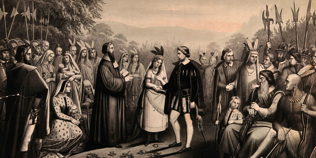 The marriage of Pocahontas and John Rolfe, with a priest officiating. Native Americans and European settlers surround them.