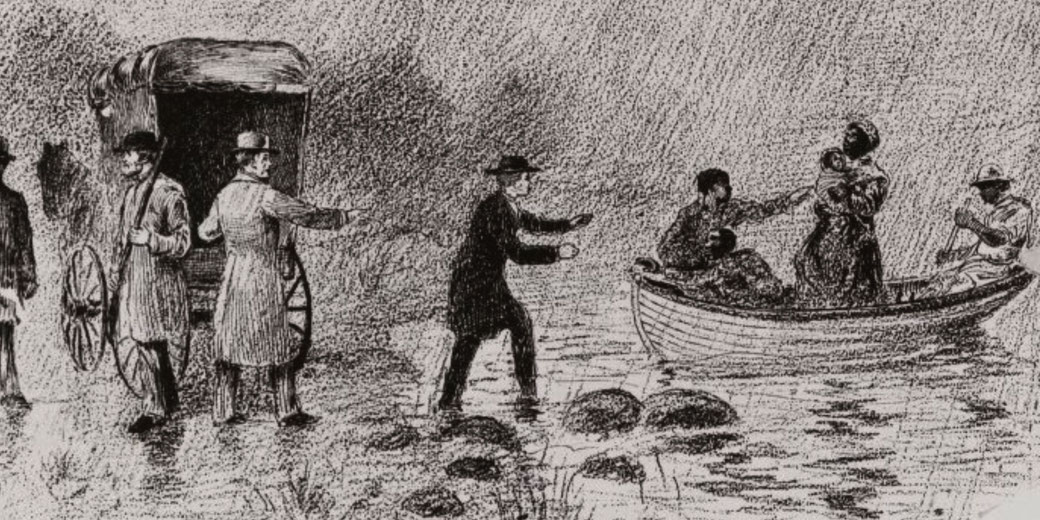 People assisting escaping enslaved individuals from a small boat to land. A woman holds a baby as men reach out to help, symbolizing the Underground Railroad.
