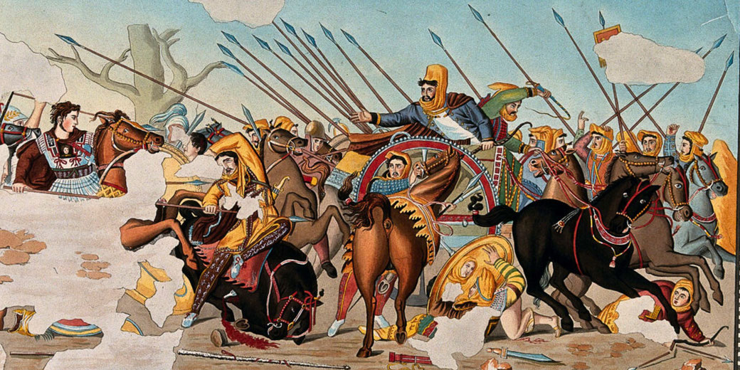 Alexander the Great pursuing a fleeing Darius III during a battle, with Macedonian cavalry clashing against Persian forces, highlighted by dramatic movements.
