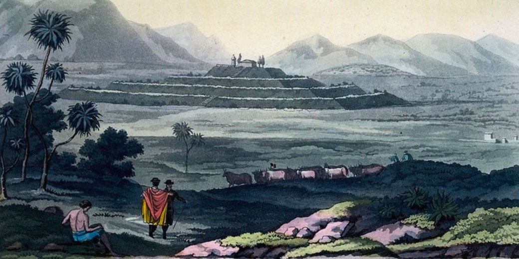 Great Pyramid of Cholula in Mexico, surrounded by lush vegetation, cattle, and people in traditional attire, with distant mountains adding depth to the scene.