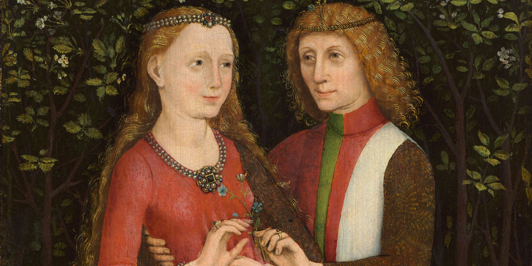 A Renaissance-style painting of a young couple in elegant attire, adorned with jewelry, standing in a lush green garden. 