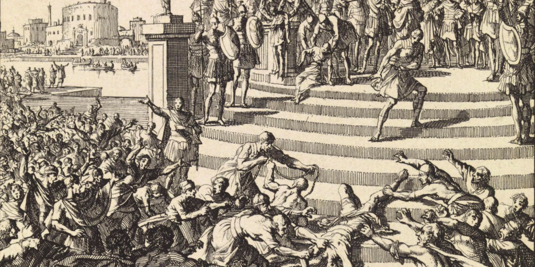 Jan Luyken's etching depicts Sejanus, Tiberius's disgraced prefect, being assaulted and strangled on Rome's Gemonian Stairs.