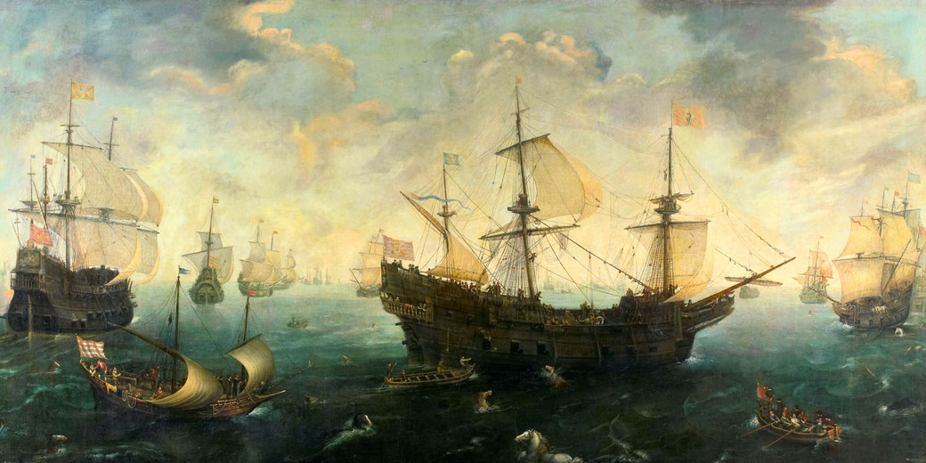 A dramatic maritime scene depicting large sailing ships with billowing sails on a turbulent sea.