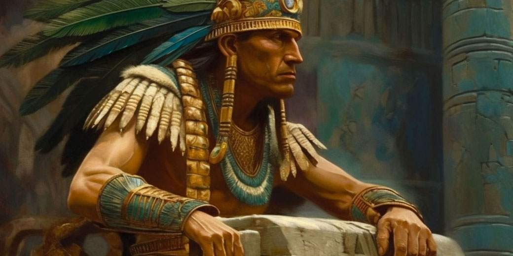 A regal Aztec ruler sits on a stone throne, wearing an elaborate feathered headdress, gold jewelry, and intricate armor.
