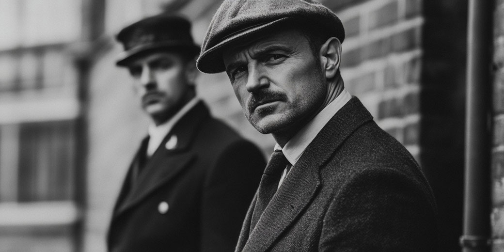A stern-looking man in 1920s attire, wearing a flat cap and tweed coat, with a mustached police officer in the background. The black-and-white tone adds a vintage, noir-like atmosphere.