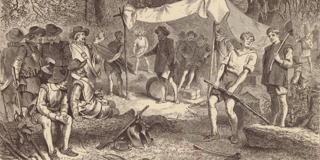 Men in colonial attire work and rest under a canopy, with tools, logs, and supplies scattered in a wooded camp scene.