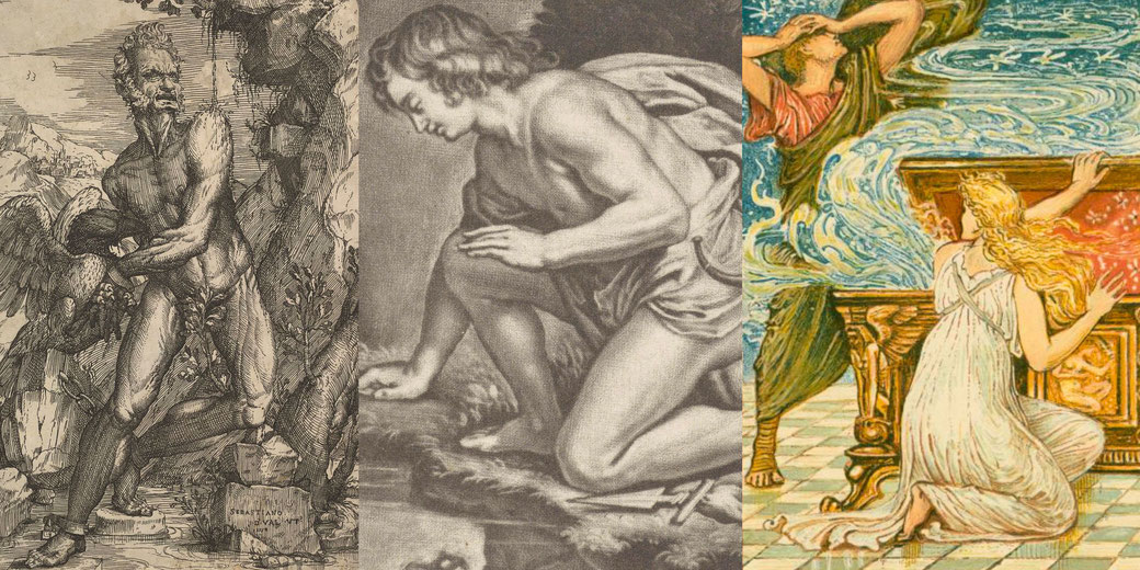 Three mythological scenes: Prometheus suffering as the eagle devours his liver, Narcissus gazing at his reflection, and Pandora opening her box, releasing chaos into the world.