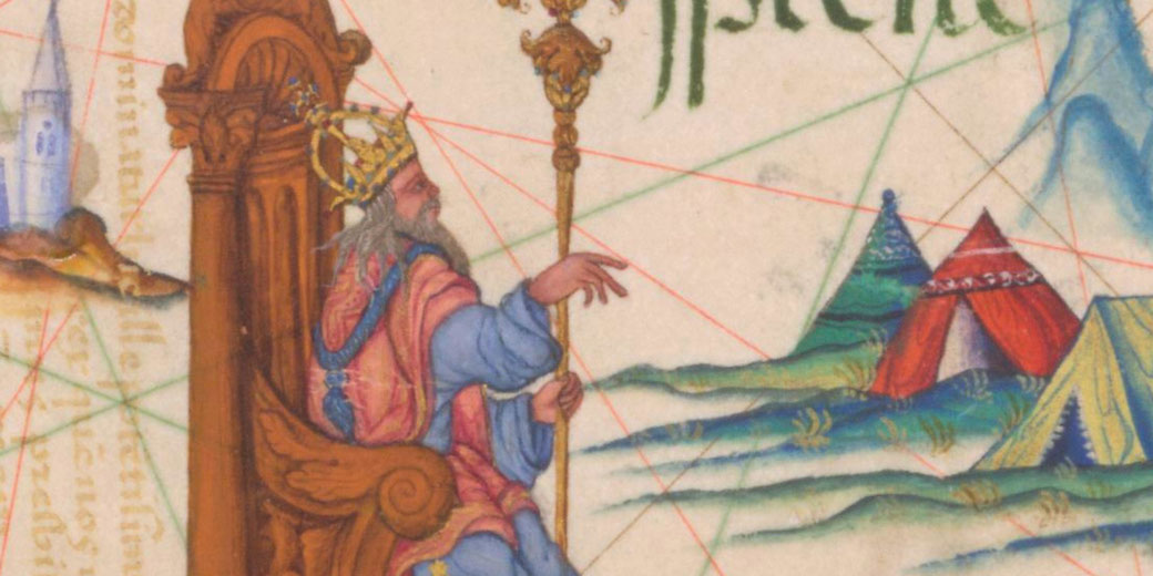 A crowned king in colorful robes sits on a throne, holding a golden scepter and pointing toward a cluster of vibrant tents on a stylized map.