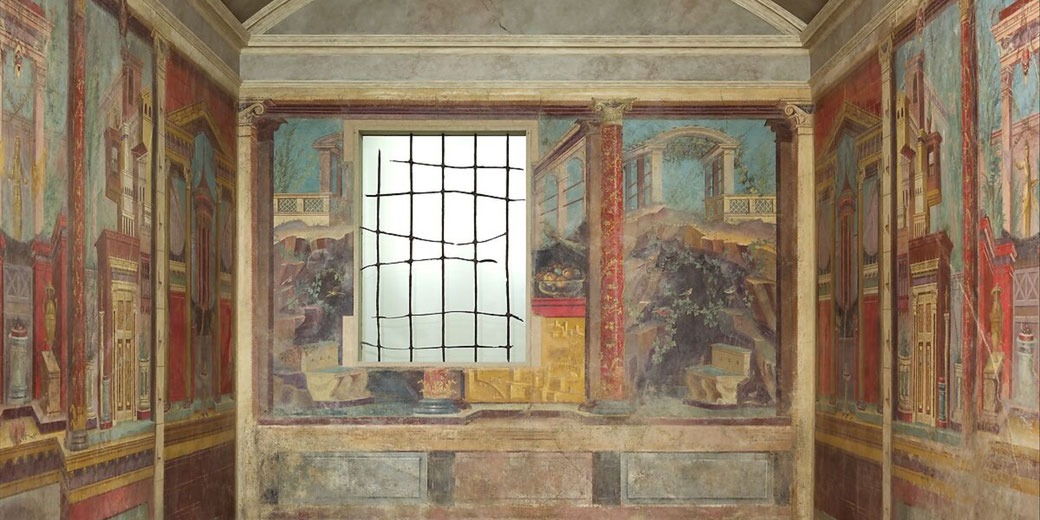 Roman bedroom frescoes with architectural illusions, depicting courtyards, columns, and landscapes.