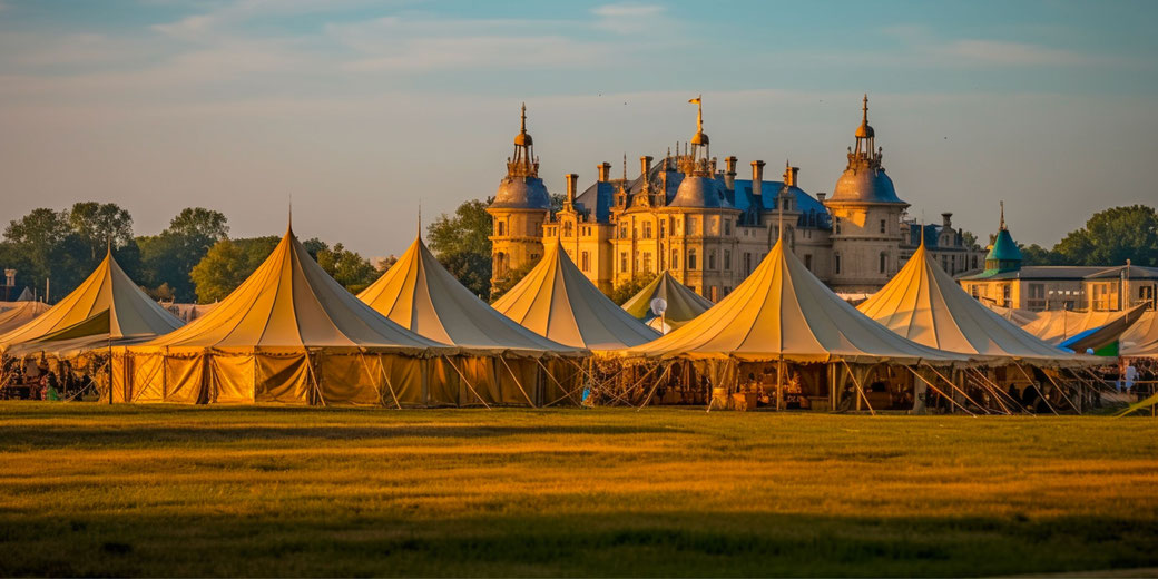 A medieval-style encampment with large beige tents set up on a grassy field, illuminated by golden sunlight.