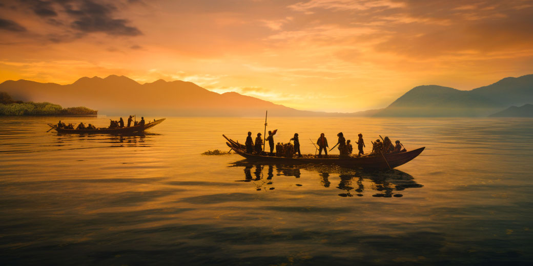 Early humans navigating the sea, using simple boats or rafts