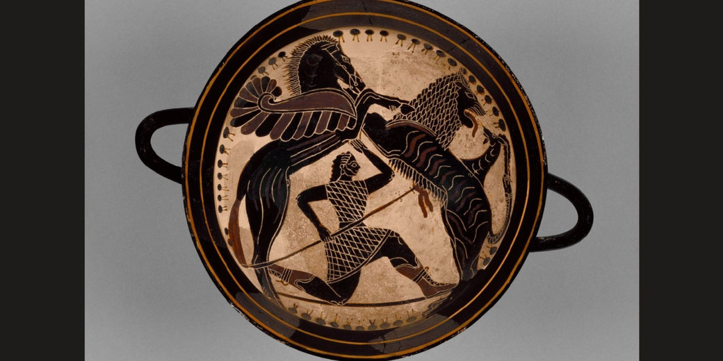 On the interior of this Lakonian or Spartan black-figure kylix or cup, the Greek hero Bellerophon battles the monstrous Chimaera, a fire-breathing creature that combines elements of a lion, a snake, and a goat.