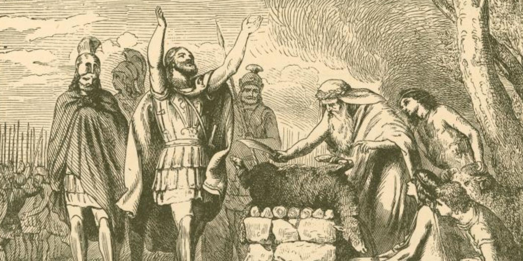 A group of warriors and robed figures gather as a bearded man prepares to sacrifice a ram on a stone altar; one man raises his arms skyward.