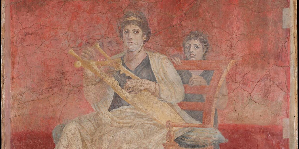 A richly dressed woman plays a kithara as a young girl watches, illustrating elite women, children, music and education within a villa.