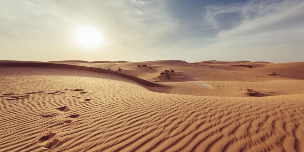 Golden sand dunes stretch across the landscape under a bright sun, with wind-swept patterns and a trail of footprints leading into the distance.