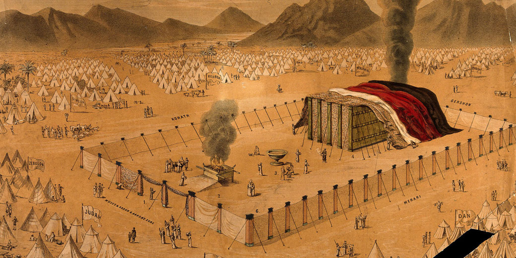 A large encampment surrounds a central tent structure emitting smoke, labeled with tribal names and figures engaged in ritual activities.