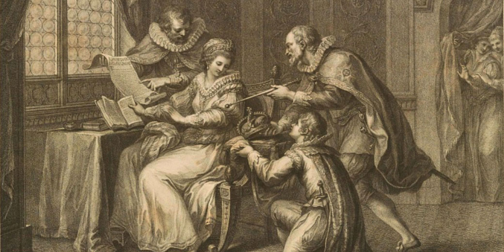 Lady Jane Grey is pressured to accept the English crown, seated as nobles surround her with royal regalia and documents.