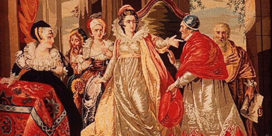 A detailed tapestry depicting a historical scene with a regal woman in gold and red confronting a clergyman.