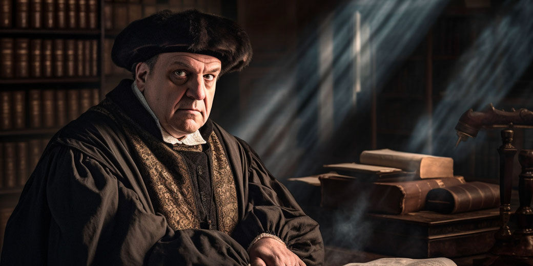 A stern-looking man in Renaissance-era attire sits in a dimly lit library, surrounded by old books and manuscripts.