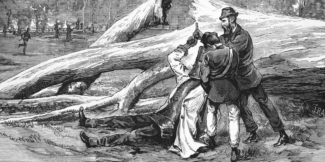 Black and white engraved illustration of men carrying an injured person beside a massive fallen tree, with fires and fleeing figures in the background, suggesting a disaster or conflict scene.
