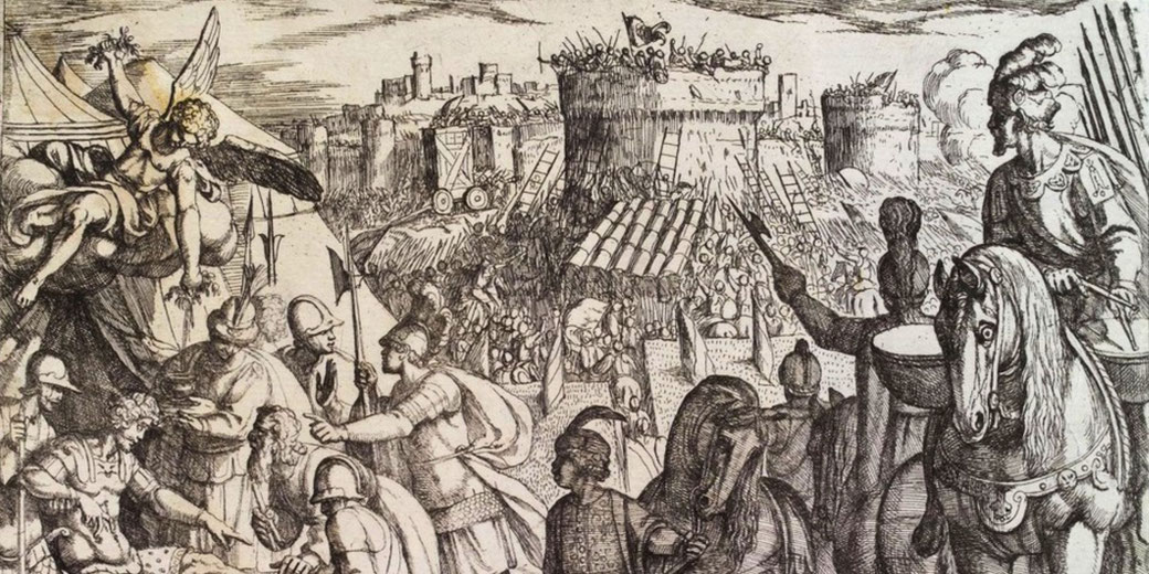 Detailed engraving of a chaotic ancient siege scene with soldiers, war machines, and a winged figure descending from the sky.