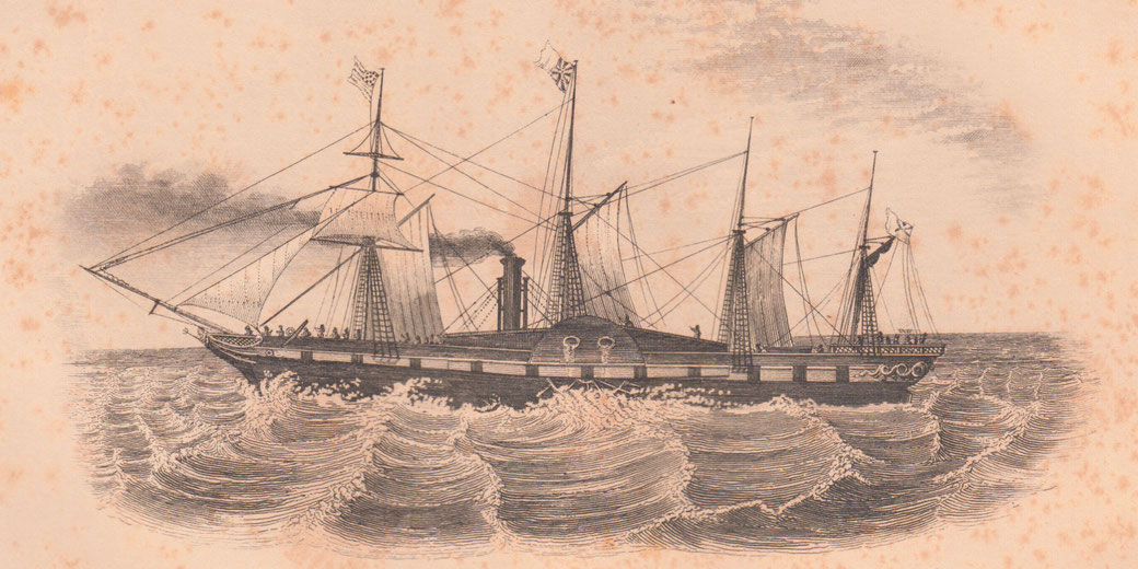 A detailed vintage engraving of a steamship with sails, multiple masts, and smoke coming from its funnel, sailing on the ocean with waves around it.